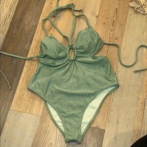 Sage Green One Piece Swimsuit with Halter Neck and High Cut Legs